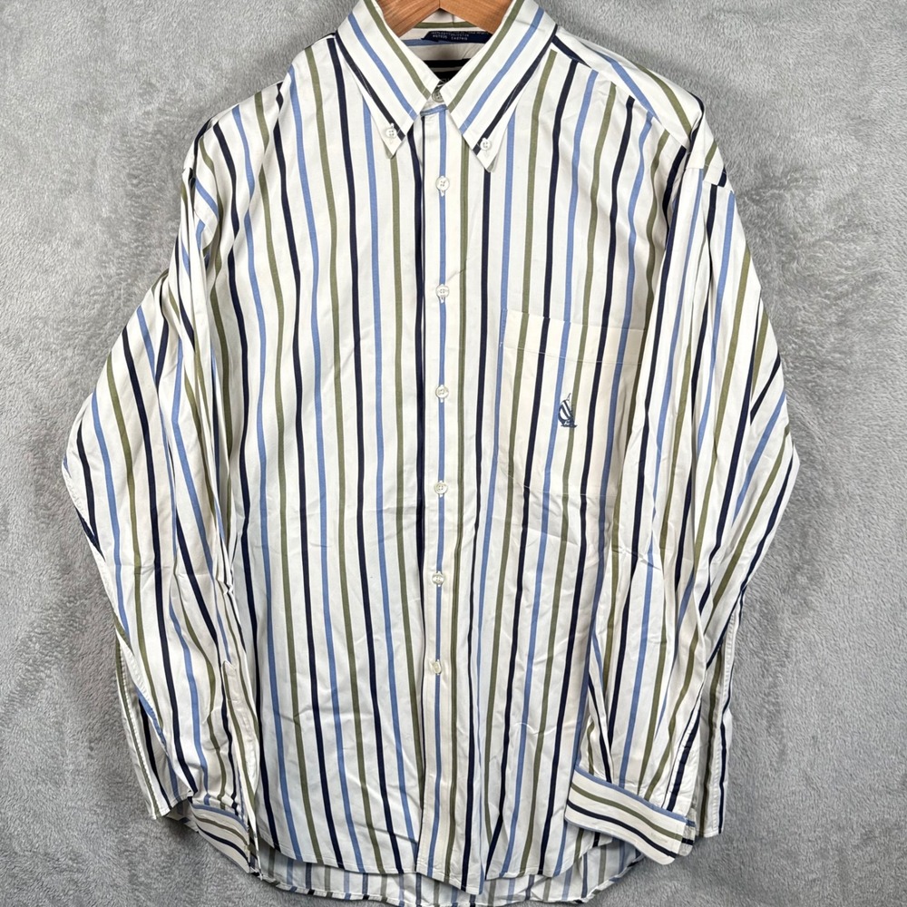 Nautica Button Down Shirt Mens L White Blue Green Pinstripe L/S Cotton VTG 90s